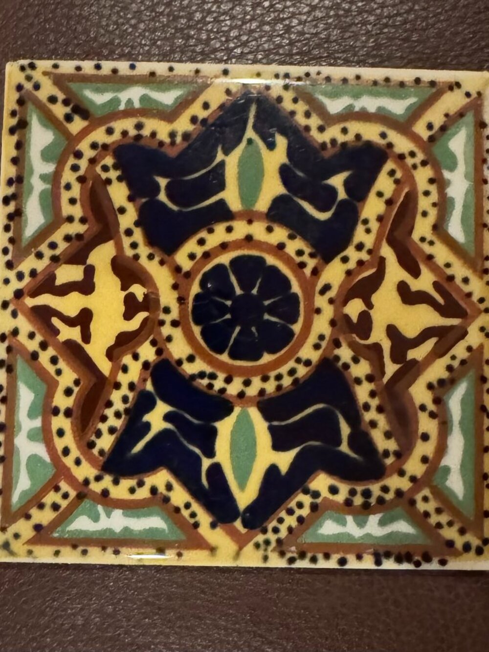 Vintage Orion Monterrey Mexico Ceramic Tile 4x4", Navy & Mustard Star Medallion